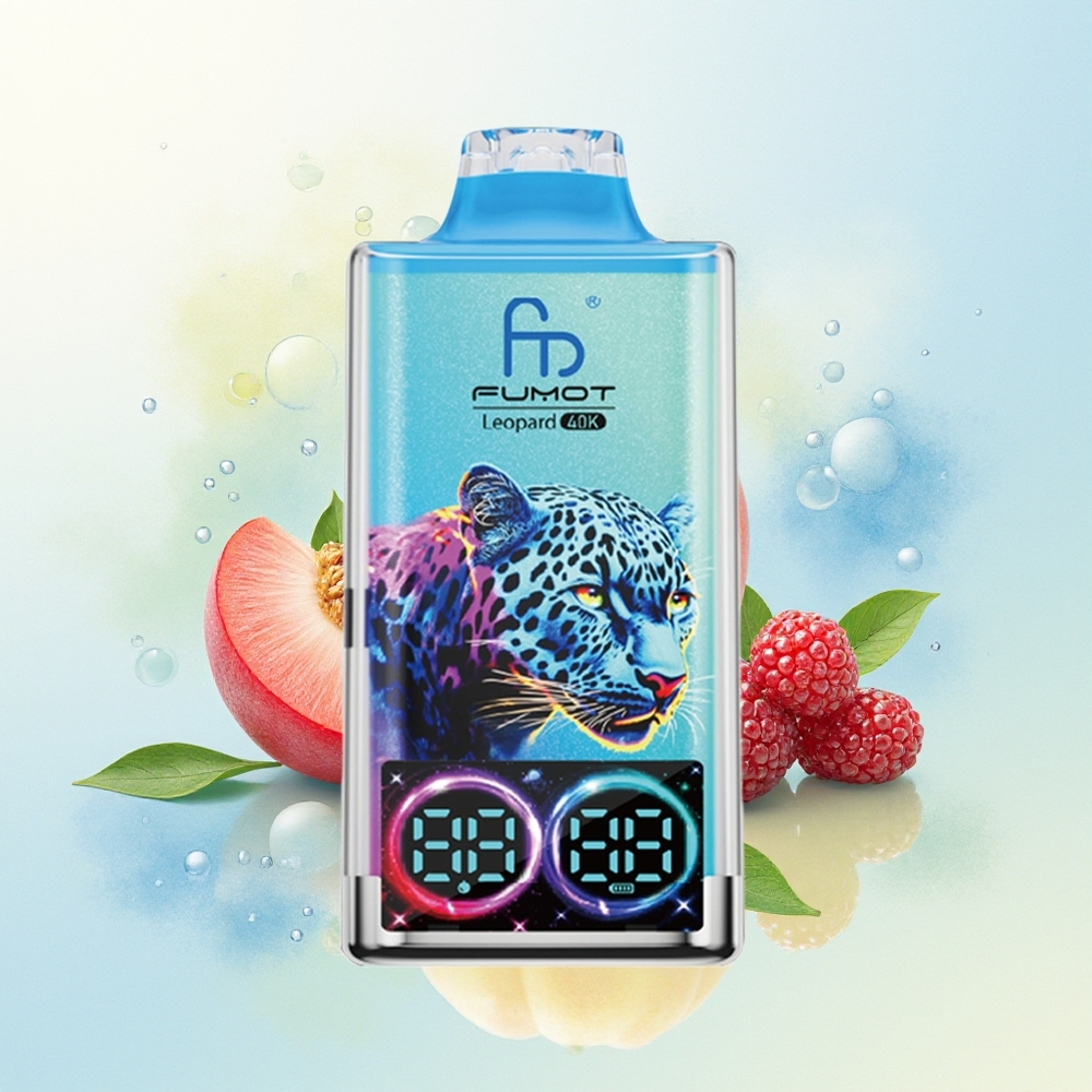 Fumot Leopard 40K Suut 2% Nikotiin, 700mAh, Dual Mesh, Type-C Laadimine, Digitaalne õlivõimsuse kuvari Virsik-Marjane