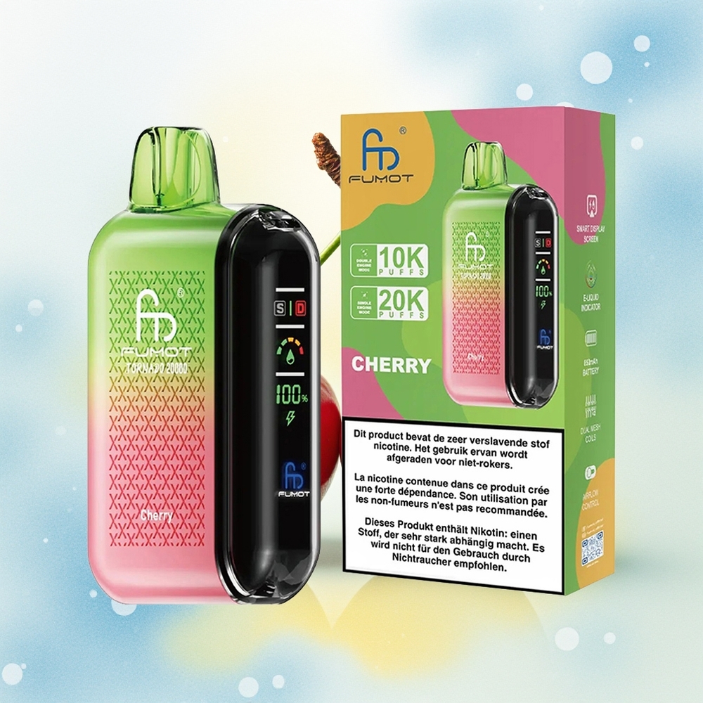 Fumot Tornado 20000 Puhangut Dual Mesh Coil 20ml 850mAh Tark Ekraan Õhuvooluregulatsioon 2% Nikotiin Kirss
