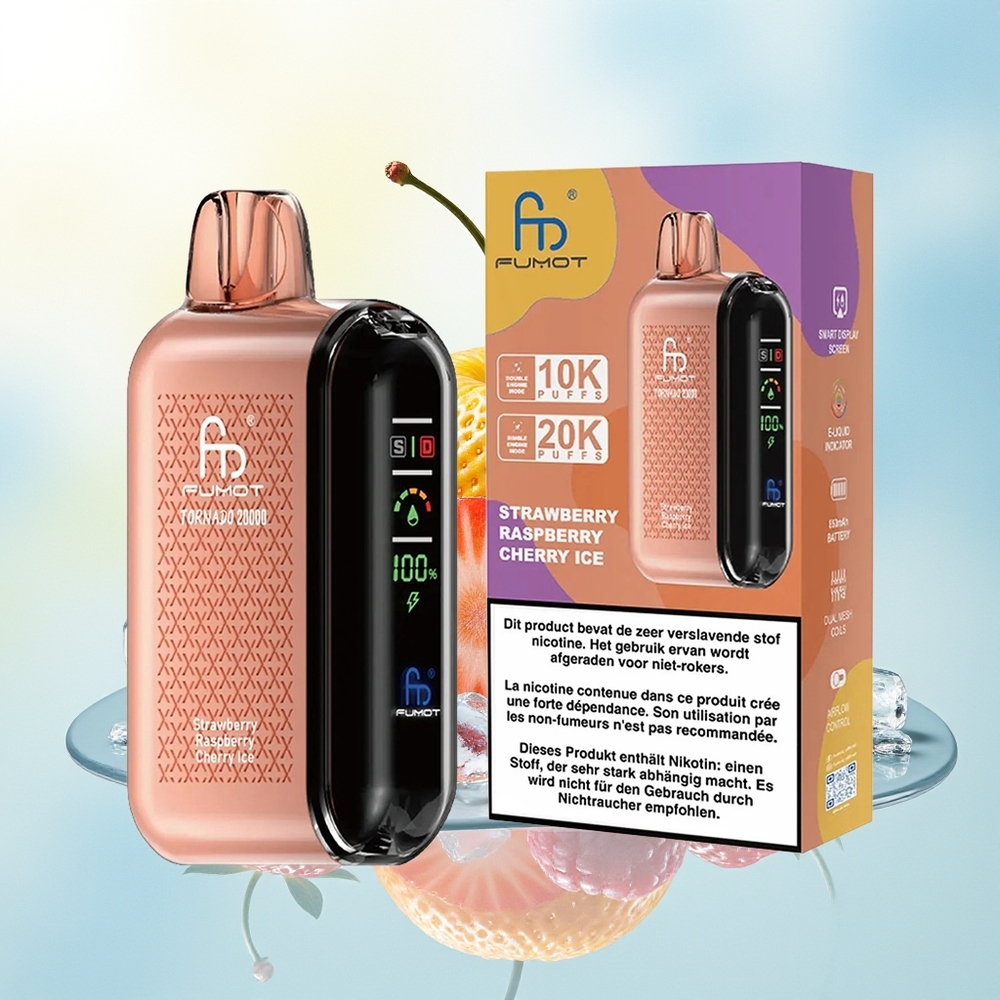 Fumot Tornado 20000 Soods Dual Mesh 20ml 850mAh Nutikuviga õhuvooluregulatsiooniga Maasikas Vaarik Kirss Jää