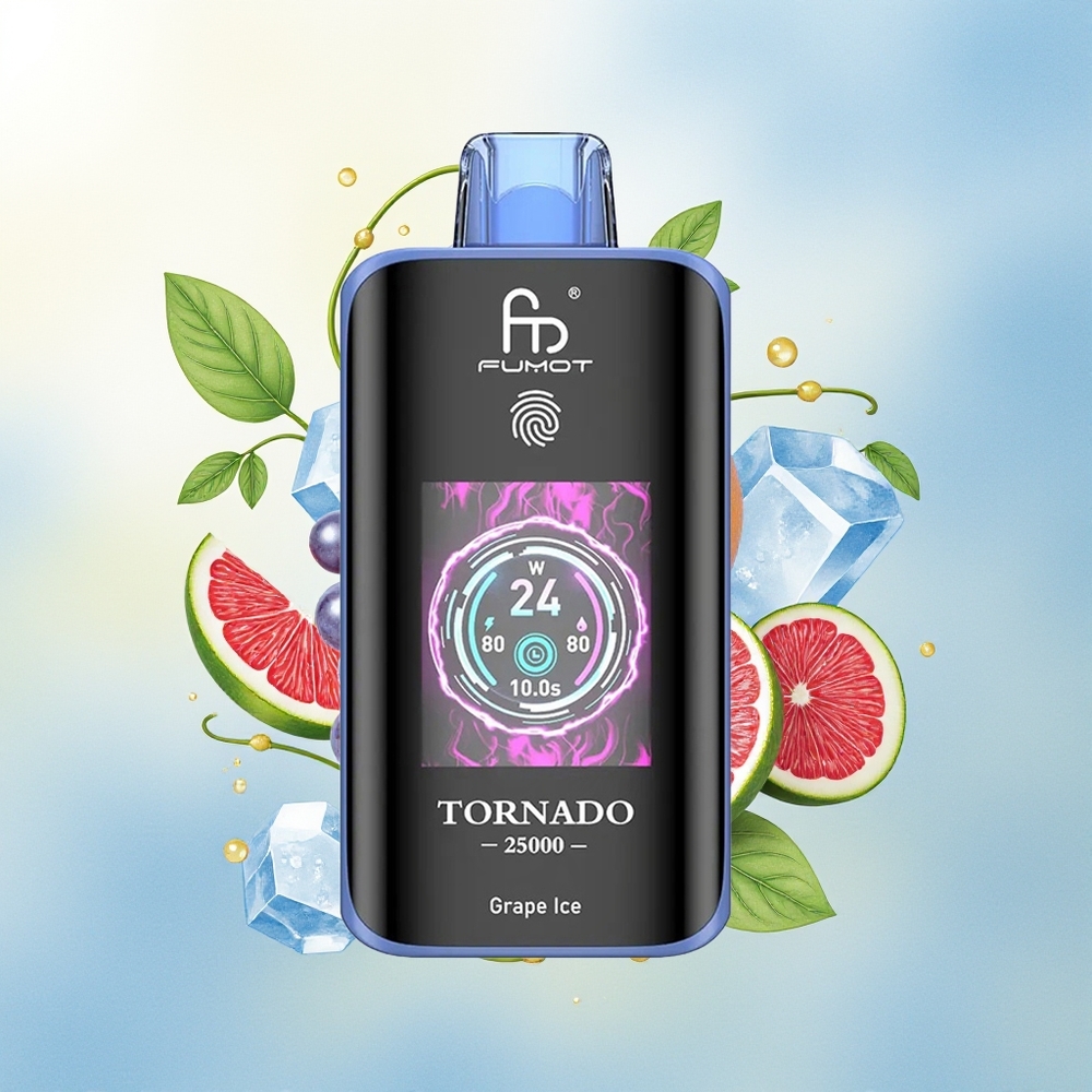 Fumot Tornado 25000 Puhangut HD Ekraan 700mAh Laetav 20ml E-vedelik 0/2%/3%/5% Nikotiinitugevus Type-C Laadimine Viinamarja Jää