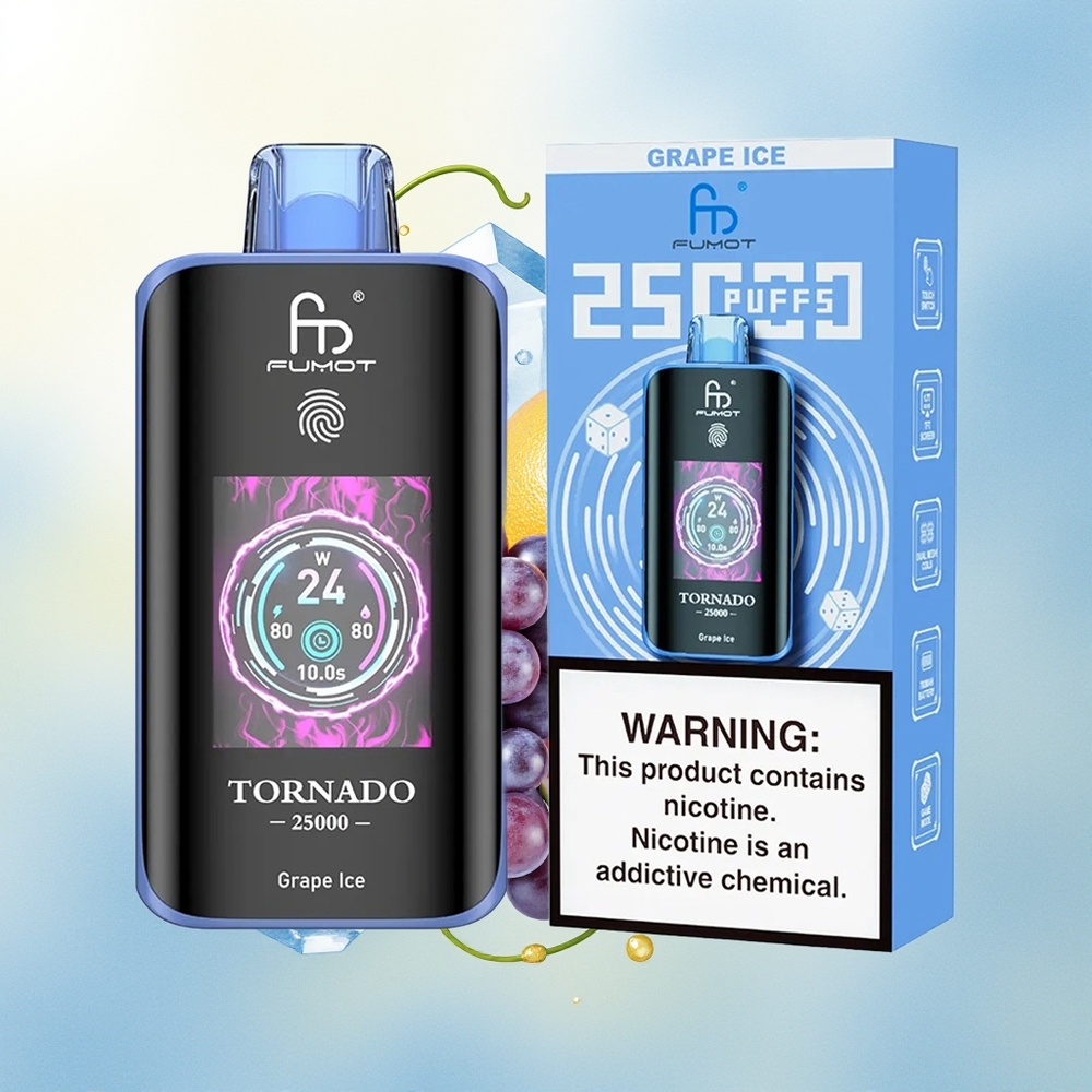 Fumot Tornado 25000 Puhangut HD Ekraan 700mAh Laetav 20ml E-vedelik 0/2%/3%/5% Nikotiinitugevus Type-C Laadimine Viinamarja Jää