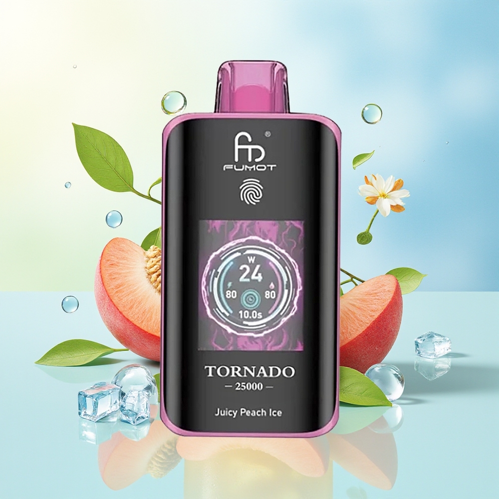 Fumot Tornado 25000 Suut HD Ekraan, Laaditav 700mAh Patarei, 20ml E-vedelik, Tüüp-C, Mahlane Virsik Jää